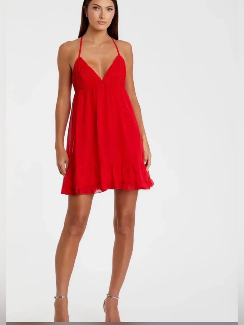 Mac Duggal Ieena V Neck Spaghetti Strap A Line Mini Dress Red Size 6 NWT